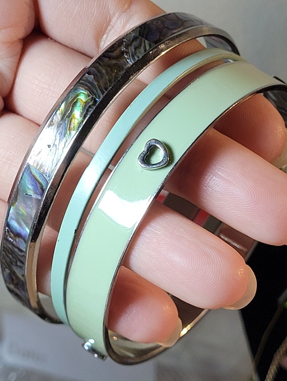 Mermaid Whimsy Mint Green and Abalone Trio Bangle Bracelet Set - Women's Jewelry